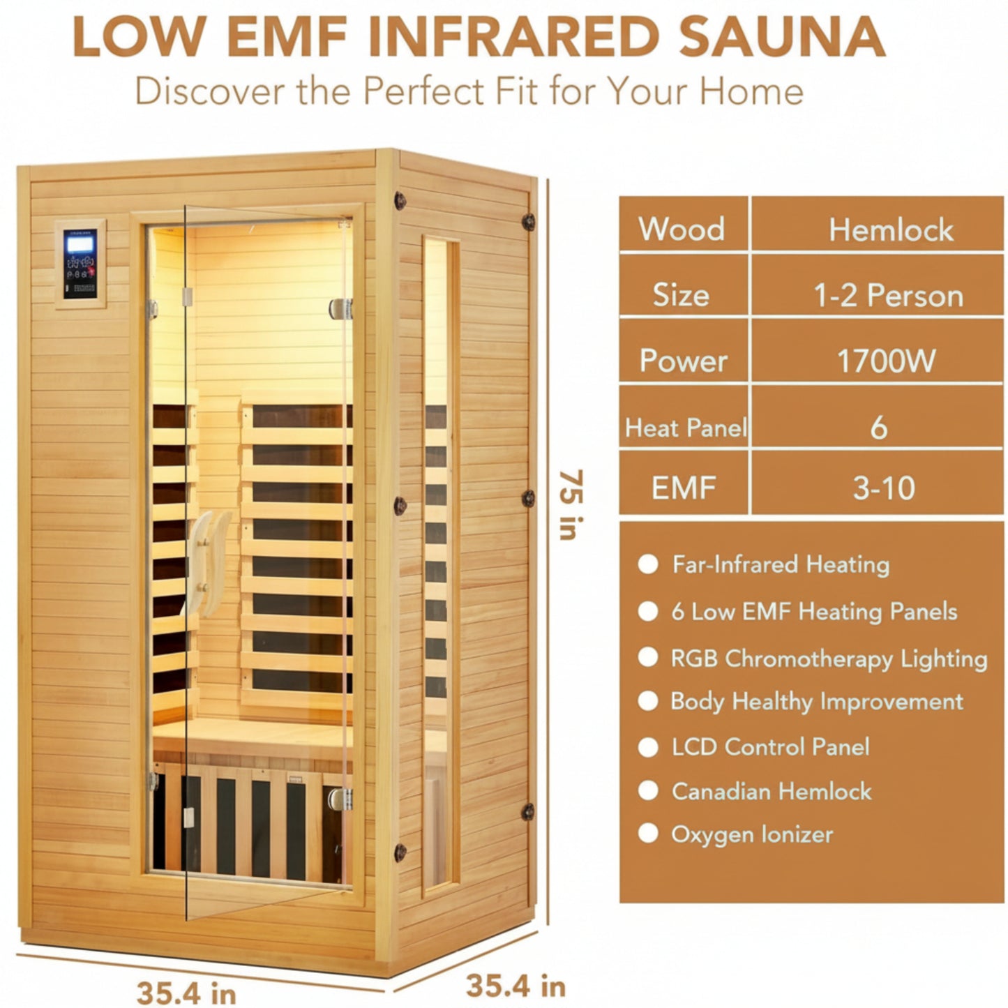 2024 Upgrade 1 to 2 Person Infrared Sauna, Low EMF Infrared Sauna for Home, Indoor Sauna Room, Hemlock Wooden Far Infrared Sauna, Dry Sauna with Bluetooth Speakers, LED Reading and Chromotherapy Lamp