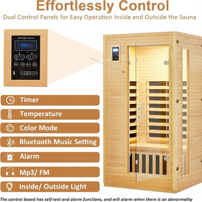 2024 Upgrade 1 to 2 Person Infrared Sauna, Low EMF Infrared Sauna for Home, Indoor Sauna Room, Hemlock Wooden Far Infrared Sauna, Dry Sauna with Bluetooth Speakers, LED Reading and Chromotherapy Lamp