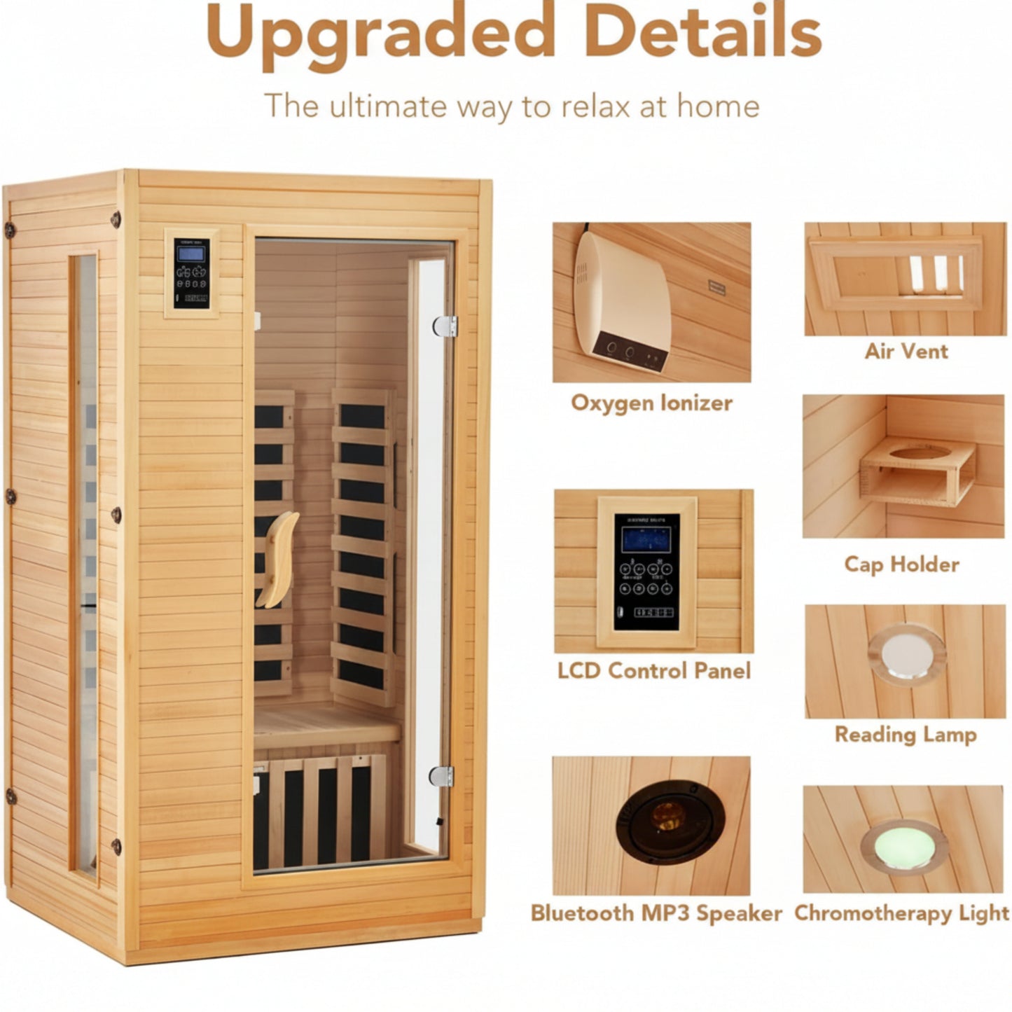 2024 Upgrade 1 to 2 Person Infrared Sauna, Low EMF Infrared Sauna for Home, Indoor Sauna Room, Hemlock Wooden Far Infrared Sauna, Dry Sauna with Bluetooth Speakers, LED Reading and Chromotherapy Lamp